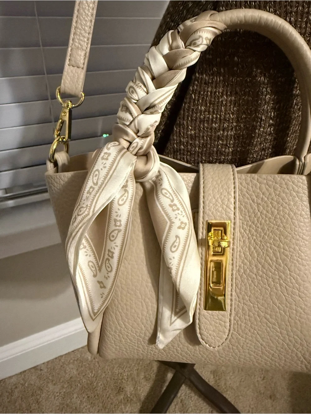 Cream Pebbled Leather Top-Handle Satchel with Scarf Accent